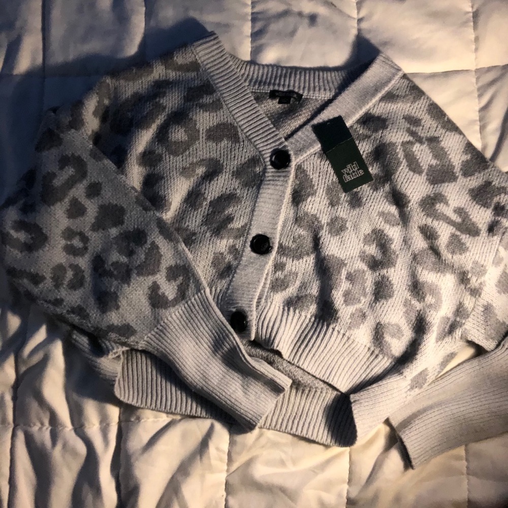 Grey Button Cheetah Print Sweater
